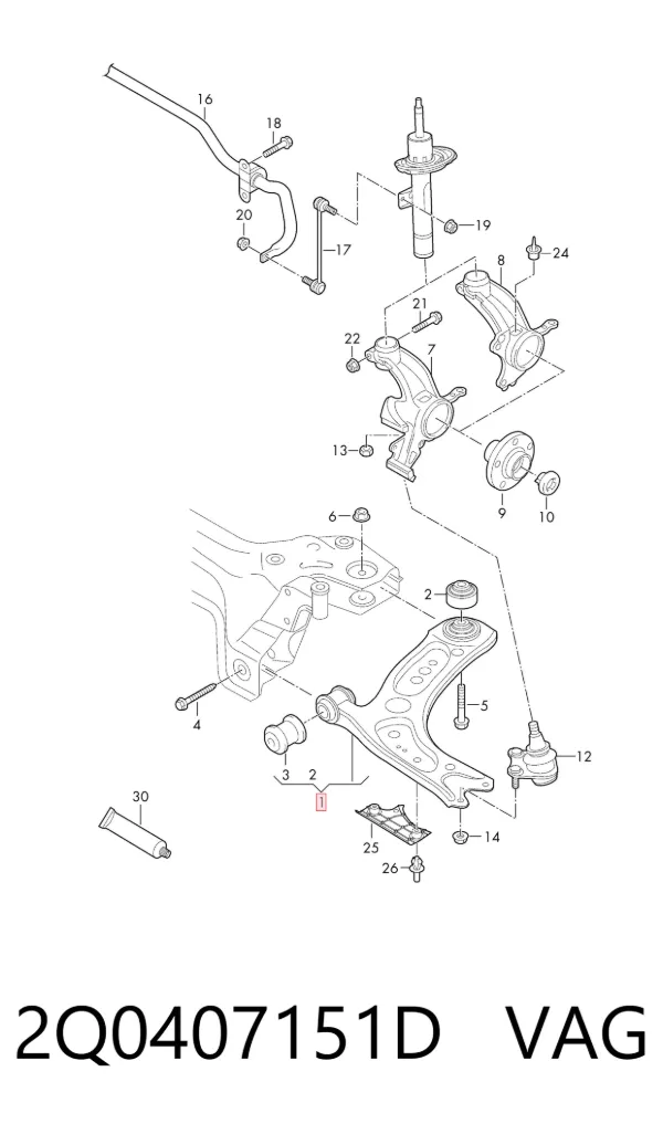 Brazo inferior izquierdo de la suspensión delantera 2Q0407151D VAG