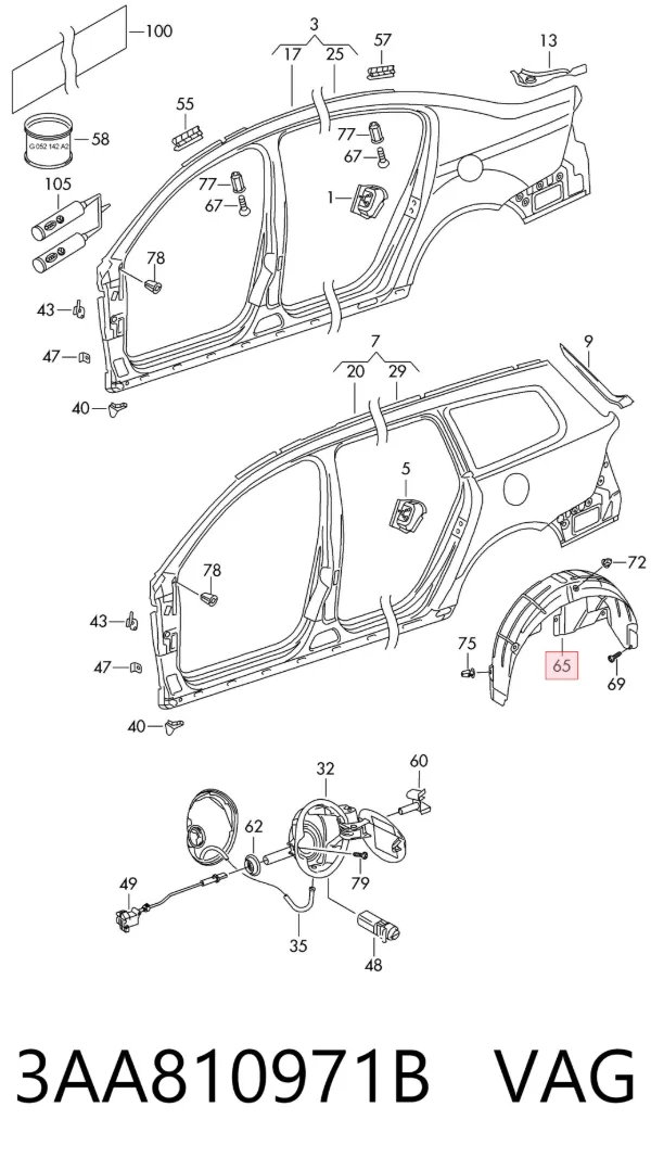 Guardabarros interior izquierdo trasero 3AA810971B VAG
