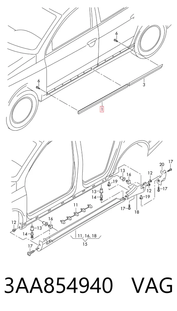 Moldura inferior de puerta delantera derecha 3AA854940 VAG