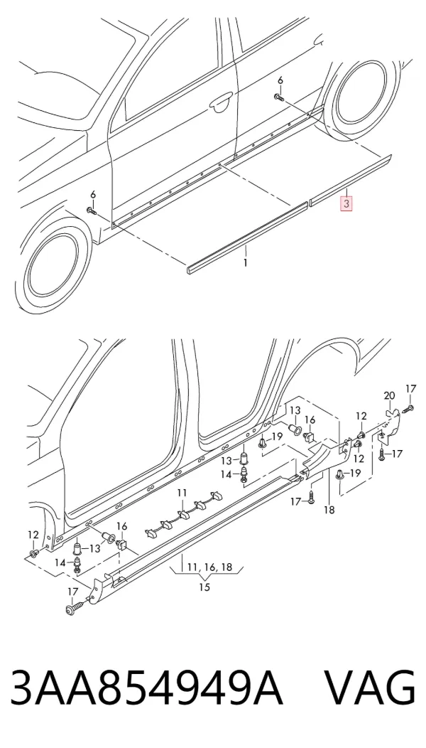 Moldura inferior de puerta trasera izquierda 3AA854949A VAG