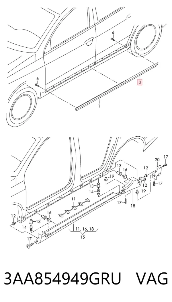 Moldura inferior de puerta trasera izquierda 3AA854949GRU VAG