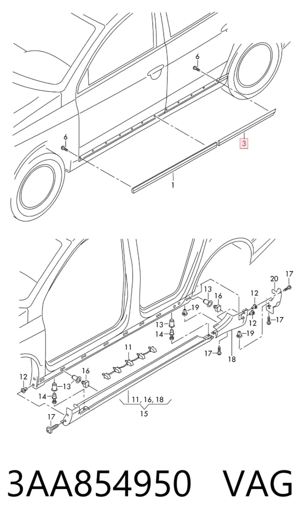 Moldura inferior de puerta trasera derecha 3AA854950 VAG