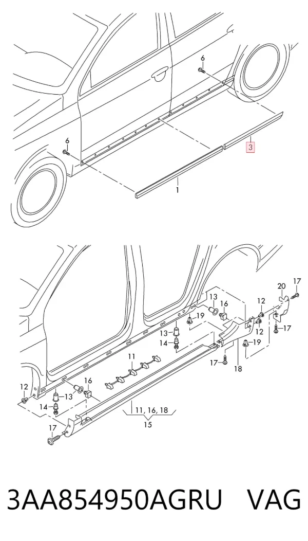Moldura inferior de puerta trasera derecha 3AA854950AGRU VAG