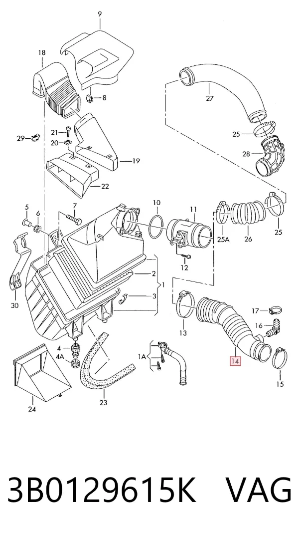 Manguito de aire del medidor de masa de aire 3B0129615K VAG