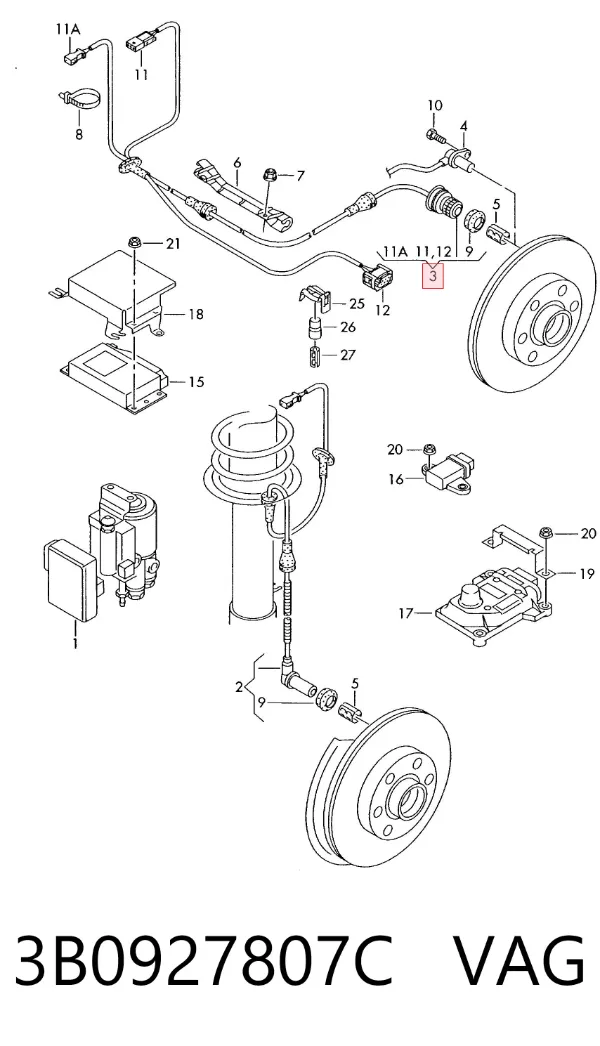 Sensor ABS trasero 3B0927807C VAG