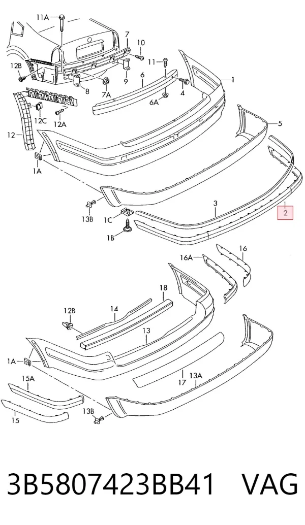 Moldura de parachoques trasero 3B5807423BB41 VAG