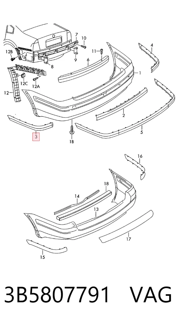 Moldura de parachoques trasero izquierdo 3B5807791 VAG