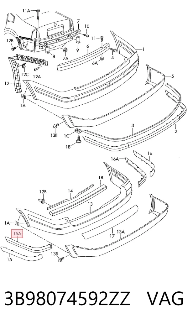 Moldura de parachoques trasero izquierdo 3B98074592ZZ VAG