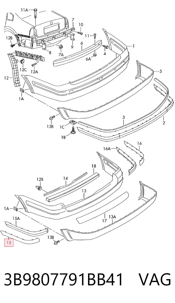 Protector parachoques trasero izquierdo 3B9807791BB41 VAG