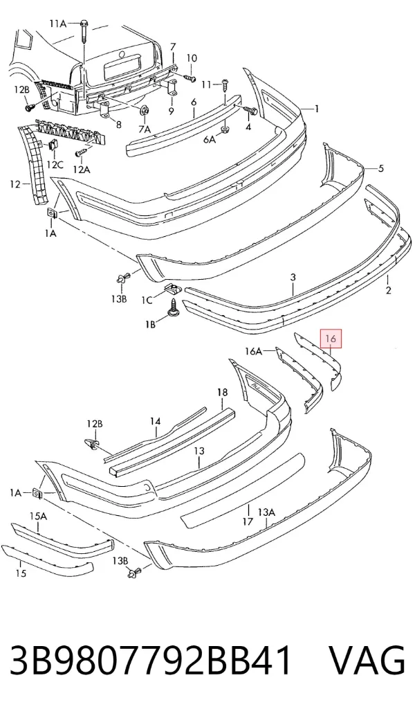 Moldura de parachoques trasero derecho 3B9807792BB41 VAG