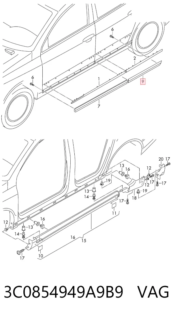 Embellecedor de puerta trasera izquierda 3C0854949A9B9 VAG