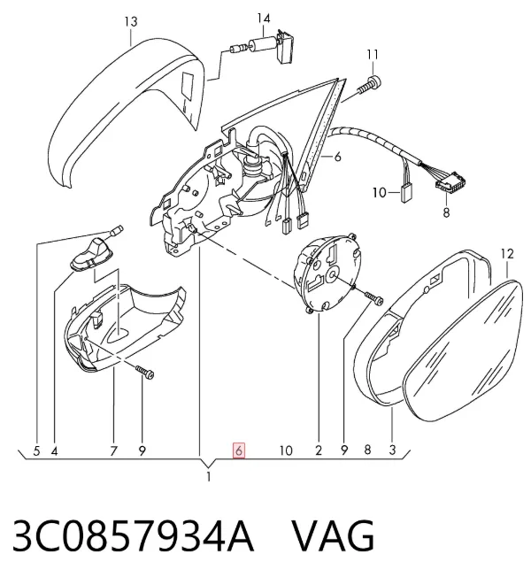 Espejo de retrovisor derecho 3C0857934A VAG