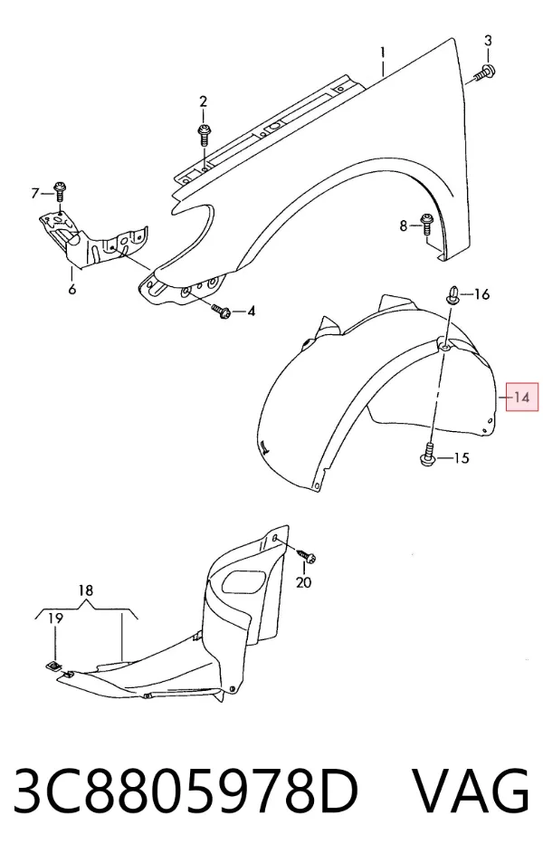 Guardabarros interior trasero derecho del guardafango delantero 3C8805978D VAG
