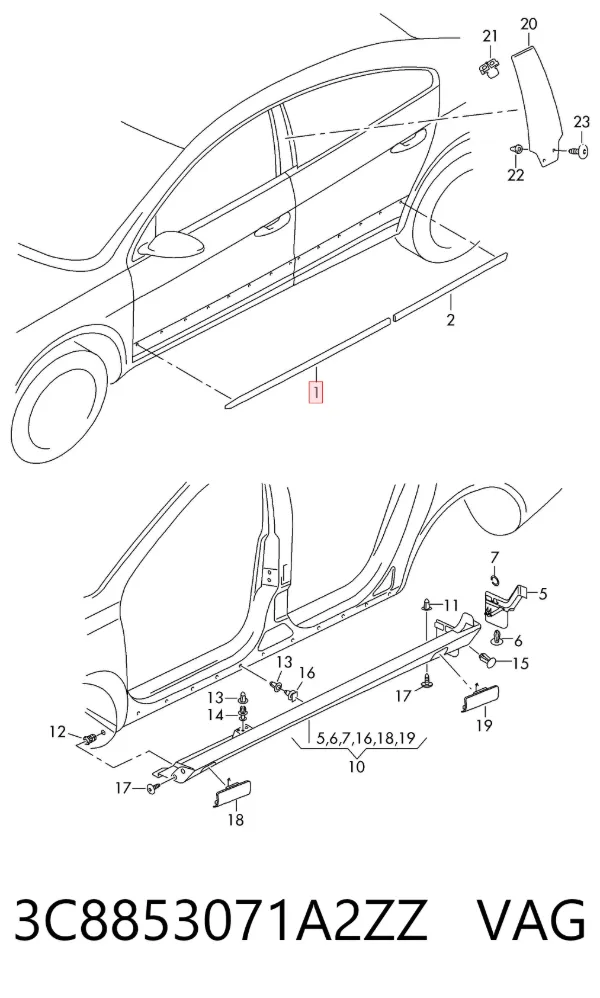 Moldura de puerta delantera izquierda 3C8853071A2ZZ VAG