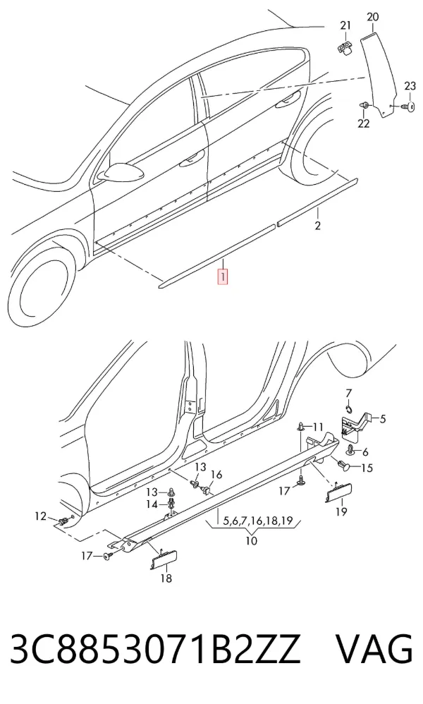 Moldura de puerta delantera izquierda 3C8853071B2ZZ VAG