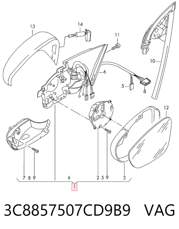 Espejo de retrovisor izquierdo 3C8857507CD9B9 VAG