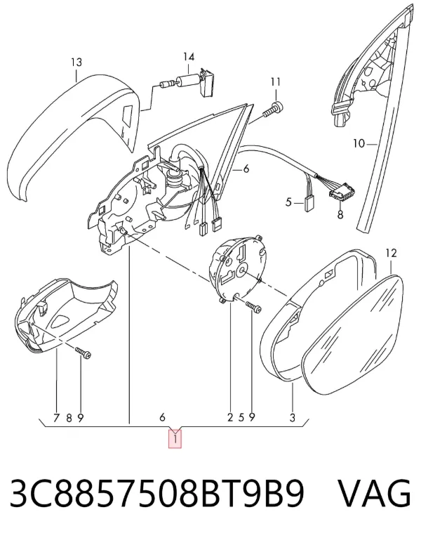 Espejo de retrovisor derecho 3C8857508BT9B9 VAG