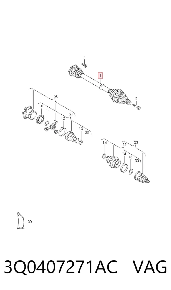 Semieje delantero izquierdo 3Q0407271AC VAG