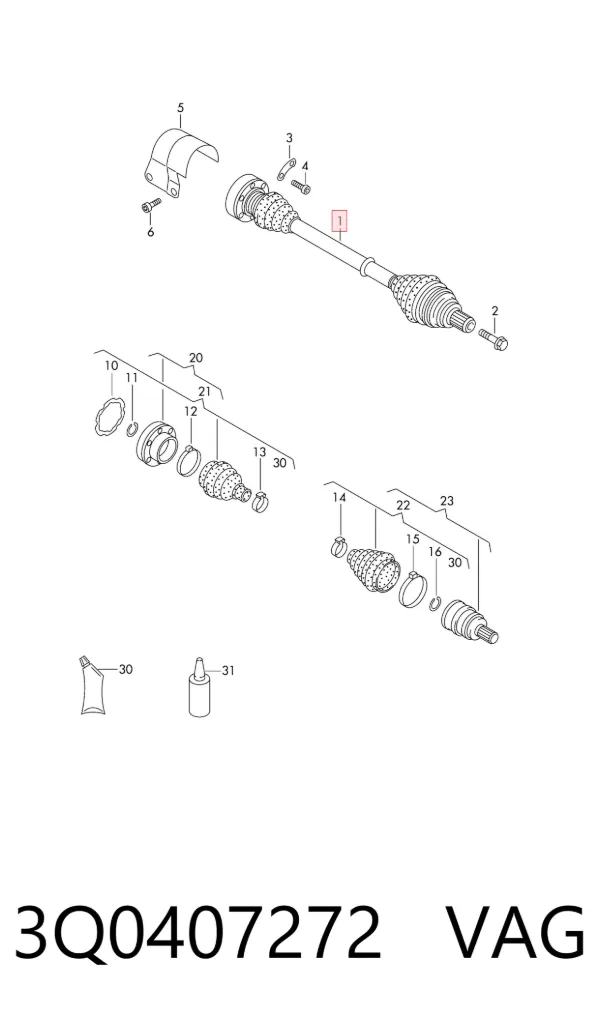 Semieje delantero derecho 3Q0407272 VAG
