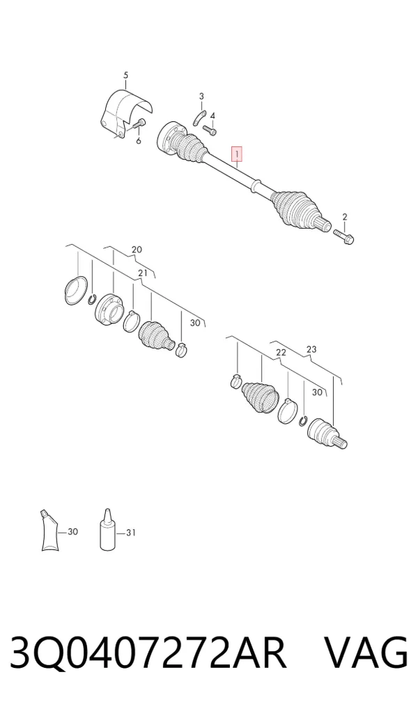 Semieje delantero derecho 3Q0407272AR VAG