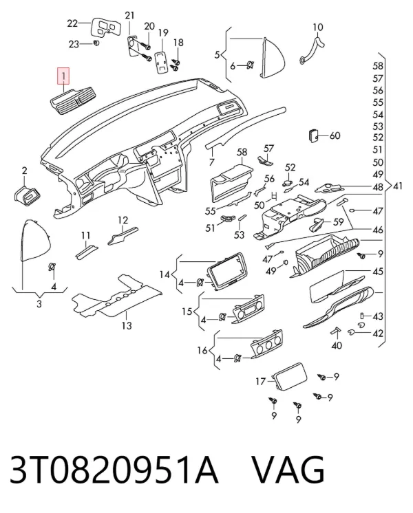 Rejilla de ventilación de salpicadero 3T0820951A VAG