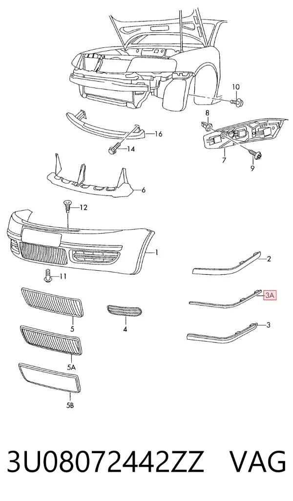 Moldura del parachoques delantero derecho 3U08072442ZZ VAG