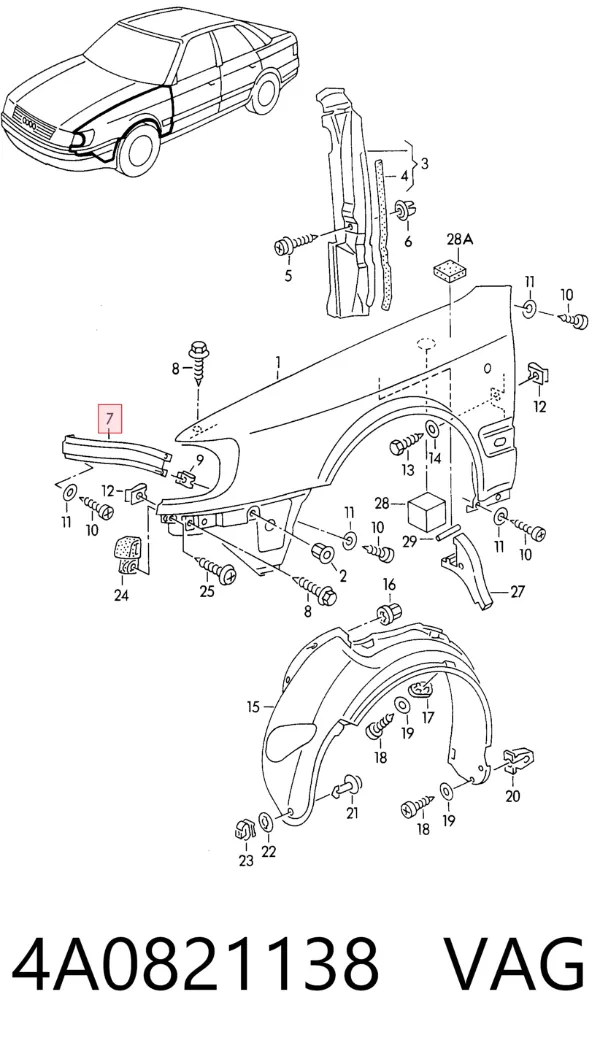 Soporte delantero de guardabarros delantero derecho 4A0821138 VAG