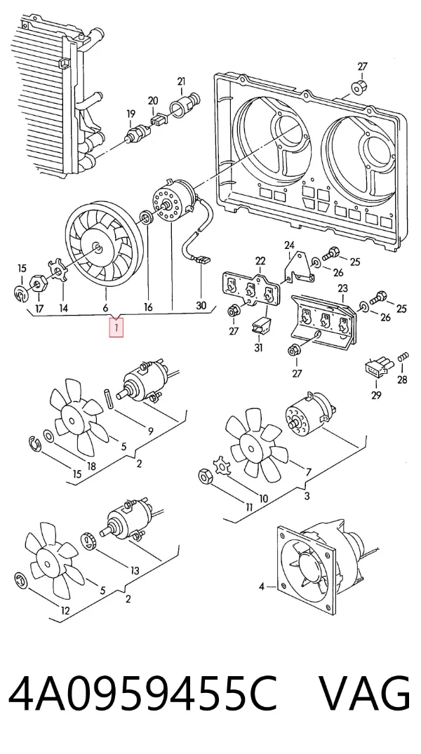 Ventilador de refrigeración completo derecho (motor y hélice) 4A0959455C VAG