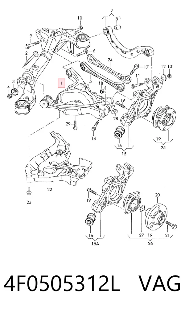 Brazo de suspensión trasero inferior derecho 4F0505312L VAG