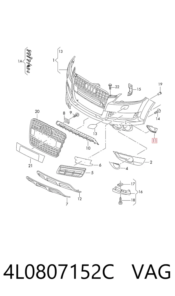 Rejilla interior derecha del parachoques delantero 4L0807152C VAG