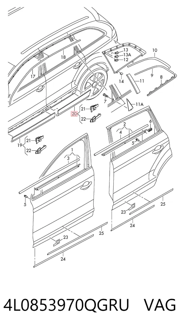 Moldura inferior de puerta trasera derecha 4L0853970QGRU VAG