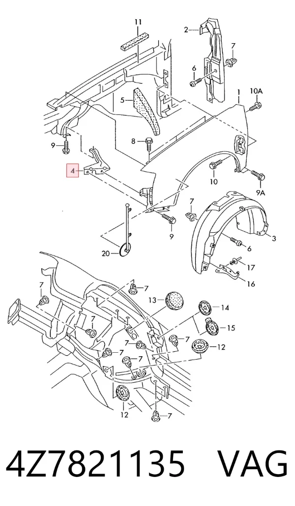 Soporte delantero izquierdo para aleta delantera 4Z7821135 VAG