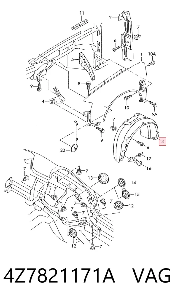 Guardalodos interior izquierdo, guardafango delantero 4Z7821171A VAG