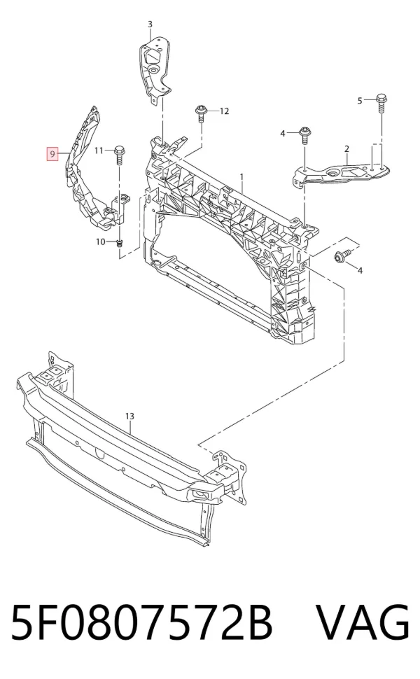 Soporte derecho del radiador (panel de montaje para faros) 5F0807572B VAG