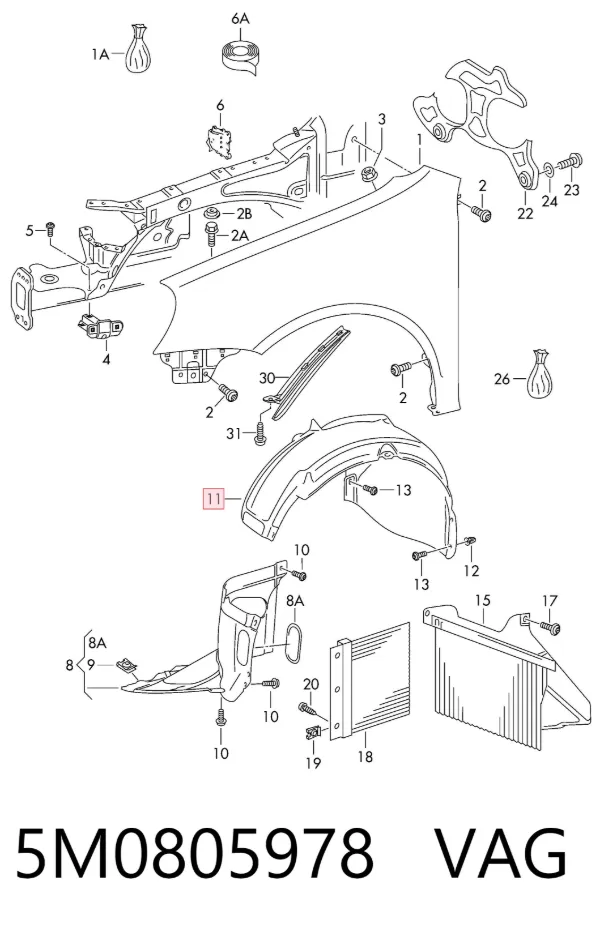 Guardabarros interior trasero derecho del guardafango delantero 5M0805978 VAG