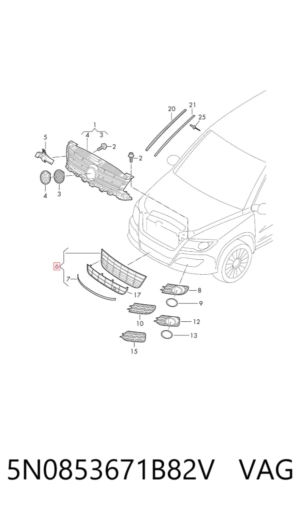 Rejilla del parachoques delantero 5N0853671B82V VAG