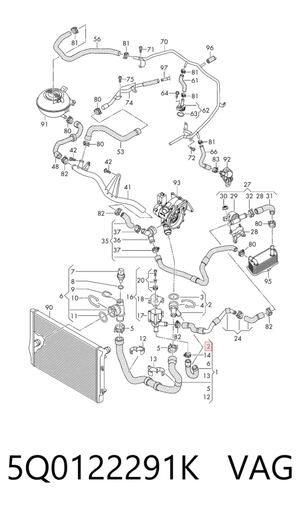 Brida del sistema de refrigeración (triple unión) 5Q0122291K VAG