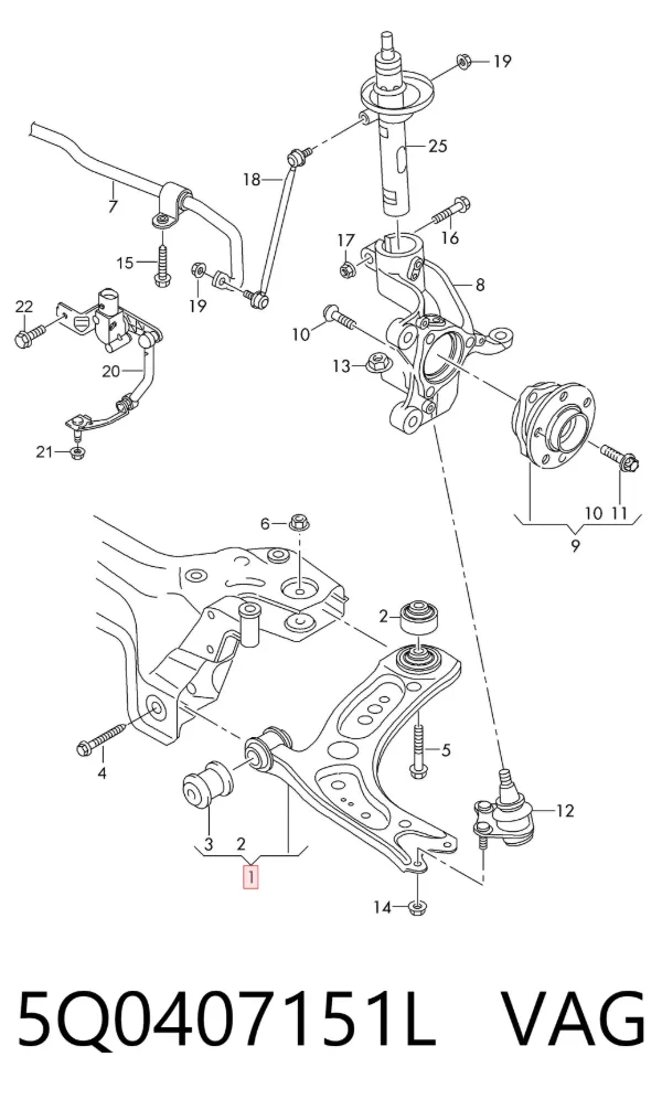 Brazo inferior izquierdo de la suspensión delantera 5Q0407151L VAG