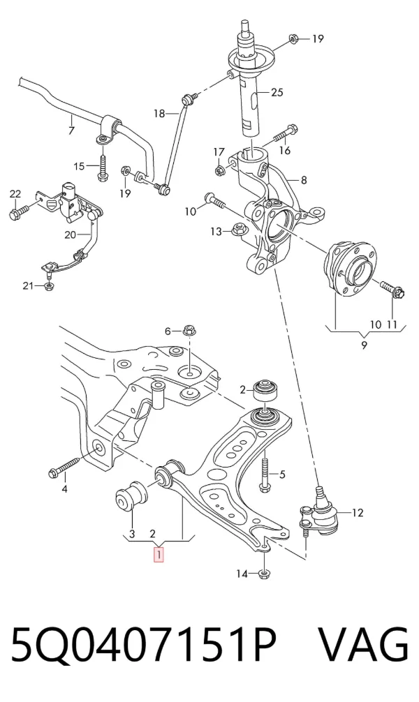 Brazo inferior izquierdo de la suspensión delantera 5Q0407151P VAG