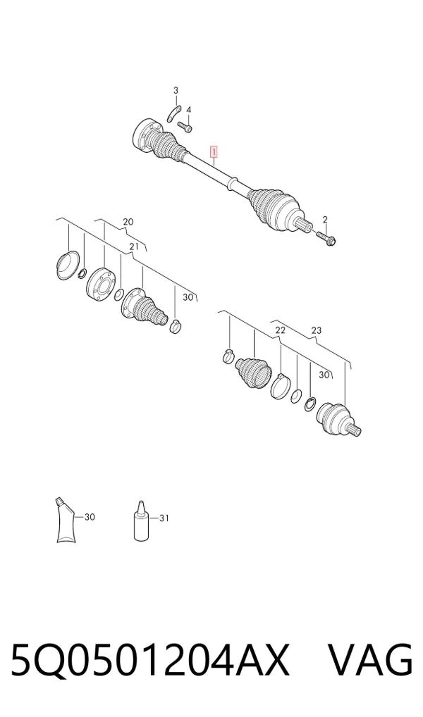 Semieje trasero derecho 5Q0501204AX VAG