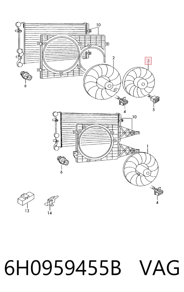 Ventilador de refrigeración completo derecho (motor y hélice) 6H0959455B VAG