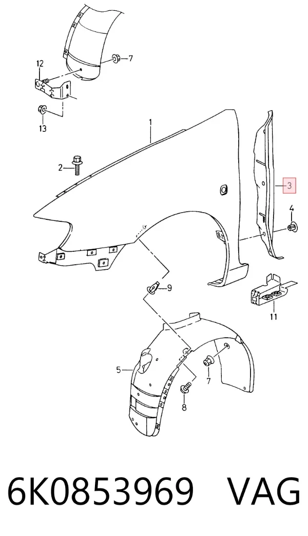 Soporte trasero de aleta delantera izquierda 6K0853969 VAG
