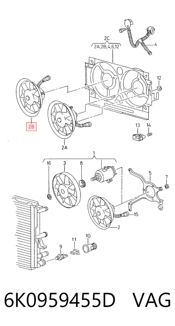 Ventilador de refrigeración completo derecho (motor y hélice) 6K0959455D VAG