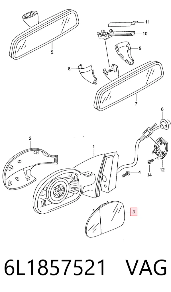 Cristal de espejo retrovisor exterior izquierdo 6L1857521 VAG