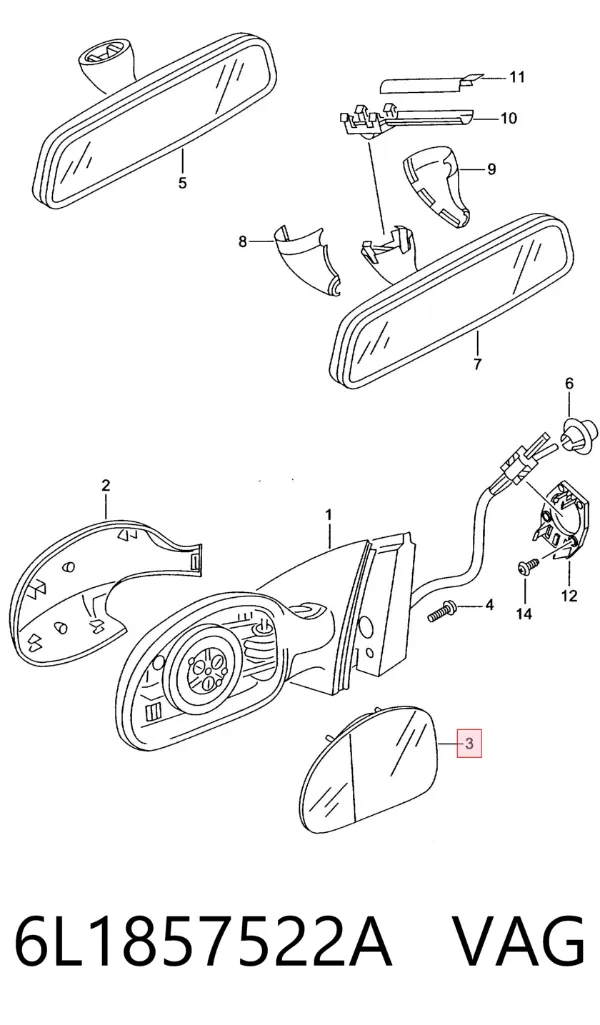Cristal de espejo retrovisor derecho 6L1857522A VAG