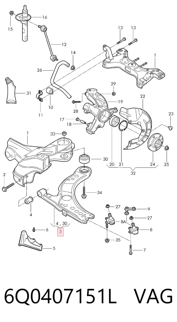 Brazo inferior izquierdo/derecho de suspensión delantera 6Q0407151L VAG