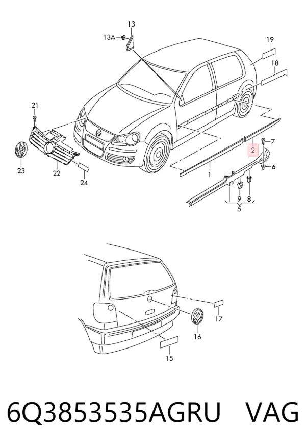Moldura de guardabarros trasero izquierdo 6Q3853535AGRU VAG