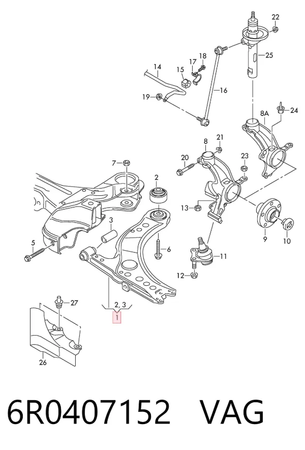 Brazo inferior derecho de la suspensión delantera 6R0407152 VAG