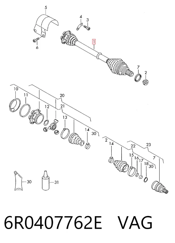 Semieje delantero derecho 6R0407762E VAG