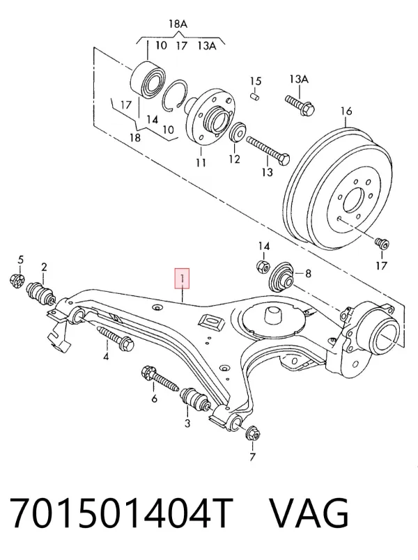 Brazo de suspensión trasero inferior derecho 701501404T VAG